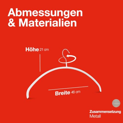 MAWA Kleiderbügel, Set mit 10 hochwertigen, platzsparenden, rutschfesten Kleiderbügeln, ideal für T-Shirts und Pullover, mit 360° drehbarem Haken und Rutschfester Beschichtung, 46 cm, Weiß
