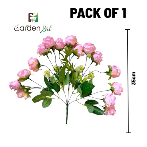 Image of Garden Art Artificial Small Rose Flower Bunch (Pack of 1) | 5 Heads with 15 Flowers & Buds, 35 cm Faux Rose Bouquet for Home Decor, Wedding & Table Decoration (Baby Pink)