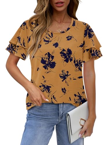 CRAZY GRID Women's Shirts Summer Casual Crewneck Ruffle Short Sleeve Blouses Cute Floral Print Tunic Tops