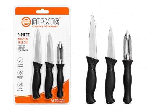Image of E-COSMOS 3-Piece Kitchen Knife Set, Black Handles | Vegetable Peeler, Stainless Steel and Paring Knives, for Fruit, Vegetables, and Meat (Jet Black)