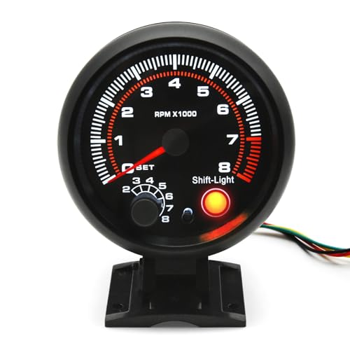 MH 3.75 inch (95mm) Tachometer with Shift Light 8000 RPM Gauge 5-Level Adjustable Brightness Backlight Tach for 12V AUTO