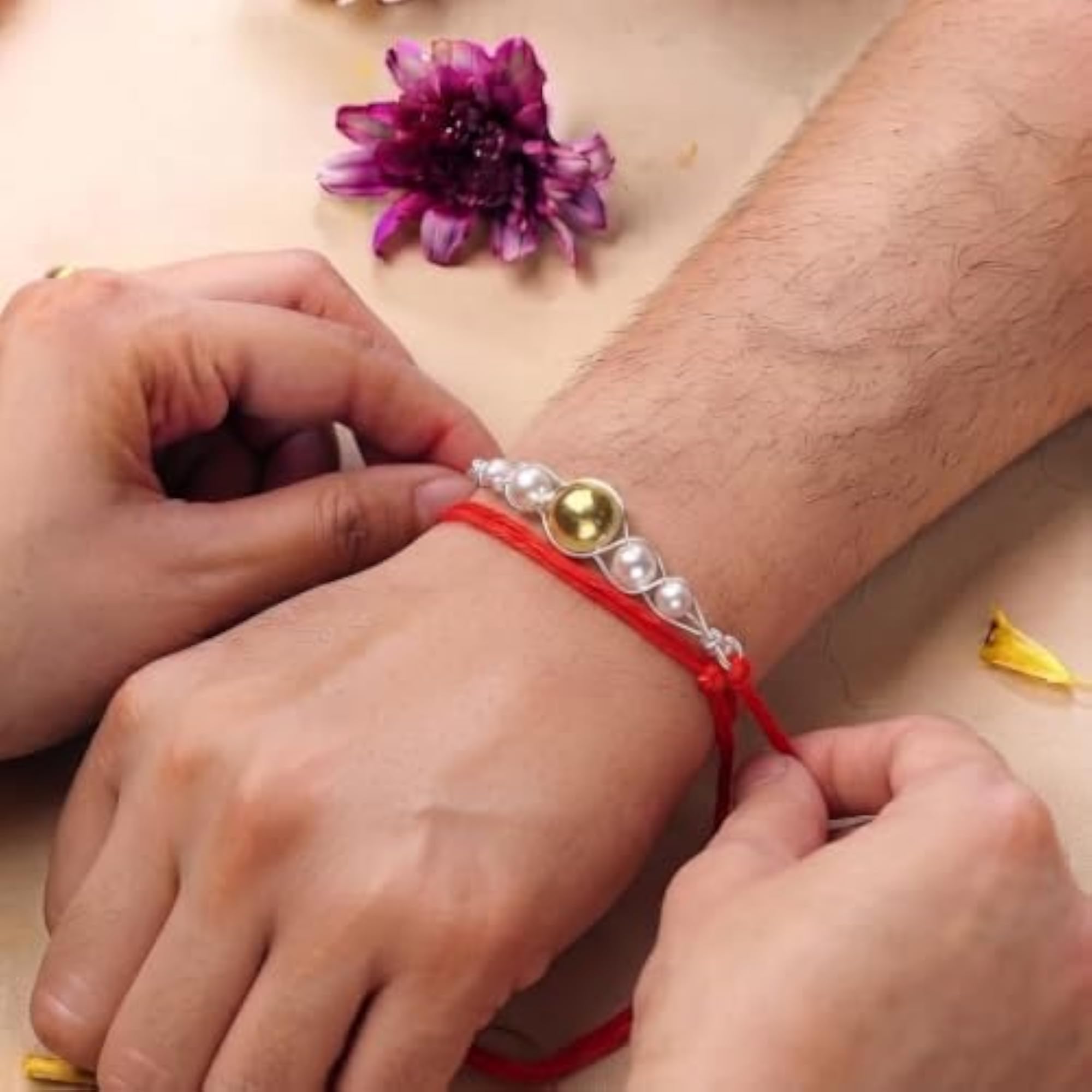 Gold-Plated Bead and Pearl Rakhi for Brother