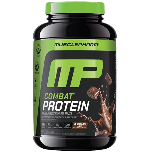 Image of Muscle Pharm Combat Protein Powder, Chocolate Milk Flavor, Fuels Muscles for Productive Workouts, 5 Protein Sources Including Whey Protein Isolate & Egg Albumin, Gluten Free, 2 lb, 24 Servings