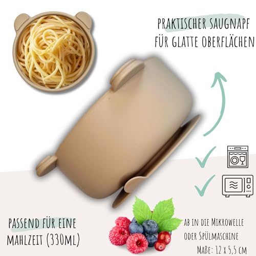 C|UTE – Kindergeschirr personalisiert mit Namen | Schüssel mit Saugnapf & Kinderbesteck (Esslernlöffel, Gabel) graviert | BPA-frei | Geschenk Babygeschirr ab 12 Monate (Taupe, Set ohne Lätzchen)