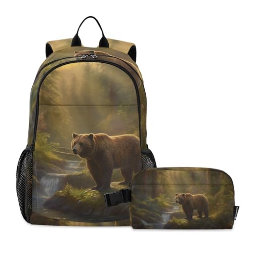 Bear with Lake Backpack Lunch Bag Set for Travel Hiking Picnic, Backpacks with Insulated Lunch Box