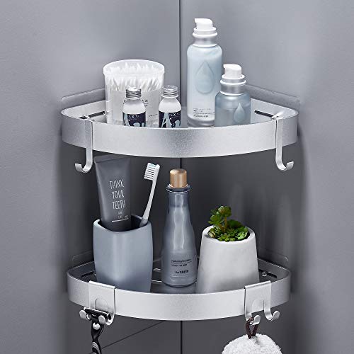 FIISAYL Estanteria Baño Esquina, Estantería Ducha sin Taladro Estante Repisas para Baño Pared Baldas con 4 Ganchos Espacio de Viaje Aluminio Montaje en Pared Plata, 2 unidades