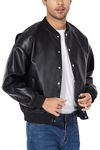 Image of Fahsyee Leather Jackets for Men, Faux Bomber Jacket Mens Motorcycle Lapel Asymmetric Zip-Up Belt Slim Fit Biker Coat