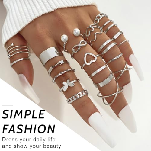 NJCXOLA 22 Stücke Silber Ringe Set Verstellbare Finger Ringe Offene Knoten Verschiedene Stapelbare Gelenkschwanz Strand Schmetterlings Herz Schmuck für Frauen Mädchen