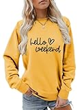 Sacpceml Hello Weekend Sweatshirt, Cute Heart Graphic Shirt Womens Crewneck Weekend Camping Pullover Tops Holiday Shirt Gift Yellow