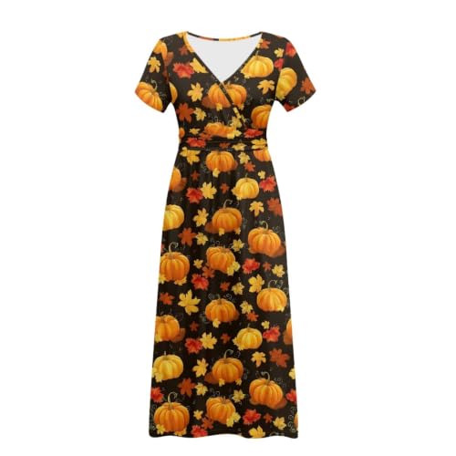 Image of Women's Fall Summer Short Sleeve Ankle Length V-Neck Party Dress with Pockets Size S-3XL