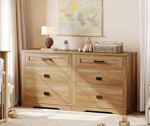 Image of WAMPAT 31.5 inch Wide Large Nightstand Set of 2, 32 inch Tall Oversized Modern Farmhouse Bedside Table with Large Drawers 2-Piece Set for Bedroom, Walnut Oak