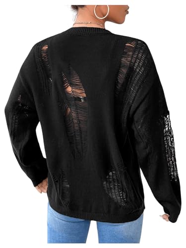GORGLITTER Women's Gothic Top Distressed Sweater Ripped Drop Shoulder Sweater Long Sleeve Round Neck Pullovers Top2