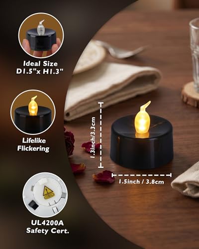 Image of Homemory Black Tea Lights Candles Battery Operated, Flickering Flameless LED Votive Candles, Warm White Tealights for Halloween, Gothic Decor, Black Gold Dinner, Outdoor Halloween, Witch, 24-Pack