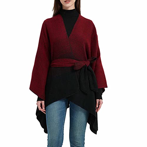 Womens Sweater Cape Coats Batwing Belted Shawl Kimono Wrap Sweaters Draping Roomy Jackets High Low Hem Belted Cardigan, Red #TOP3