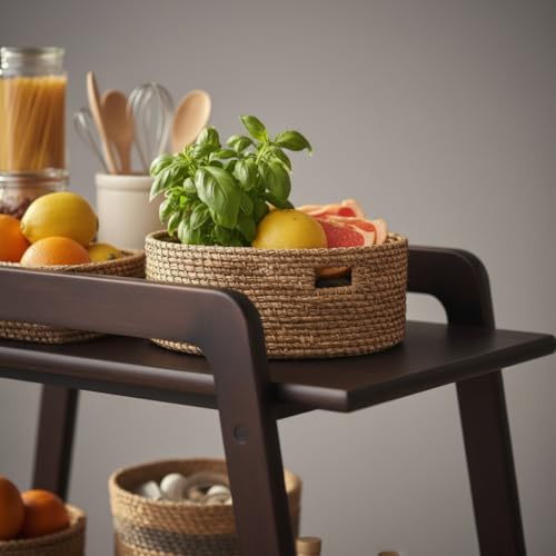 Image of Multipurpose Wood Trolley Storage Organiser with 2 Layers for Kitchen Supplies, Fruits, Vegetables, Onions, Cutlery, Trapezoid-Shaped Kitchen Storage Rack, Black Natural Color