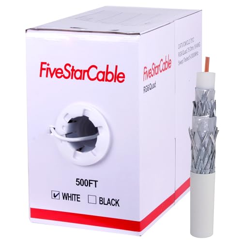 FiveStarCable RG6 500ft Quad Shielded Coaxial Cable - Easy Pull Box, Black & White, ETL, CL2 Rated,...