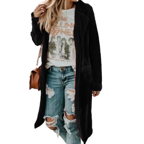 TIAFORD Women's Velvet Long Cardigan Solid Long Sleeve Jacket Open Front Cardigan Wind Coat with Pockets Loose Outerwear