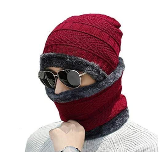 Buy for Happiness Winter Woolen Beanie/Skull Cap & Neck Warmer (Muffler) Combo for Winters with Faux Fur Inner Side |Warm Hat | Winter Cap for Man | Woolen Cap-image-42