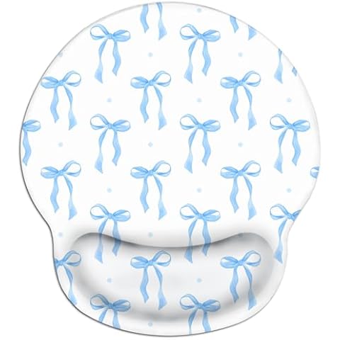 Cute Mouse Pad Wrist Support, Aesthetic Blue Bows Ergonomic Mouse Pad with Wrist Rest Pretty Computer Mouse Pads for Desk Kawaii Office Decor Desk Accessories Non-Slip Rubber Base Mousepad Cover