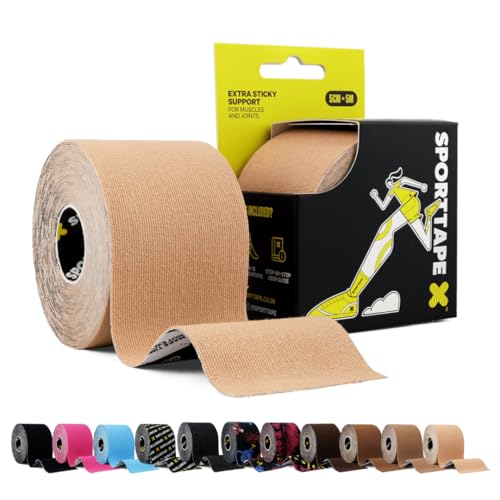 SPORTTAPE Kinesiologie Tape - Beige 5cm×5m elastisch & wasserfest kinesiotapes Tape sport Hautfreundlich Baumwolle Starke Haftung Latexfrei für Muskel- & Gelenk-Support