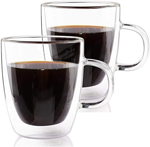 Double Wall Espresso Cups With Handle By Sivaphe 12OZ Set Of 2 Insulated Clear Borosilicate Glass Coffee Mugs for Latte, Cappuccino, Tea, Beverages, Ice Coffee
