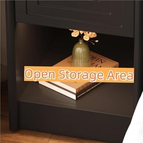 Minimalist Slim Wood Nightstand with Drawer & Open Shelf - Compact Bedside Table for Small Spaces, Modern Living Room Furniture, Creative Design (Black)