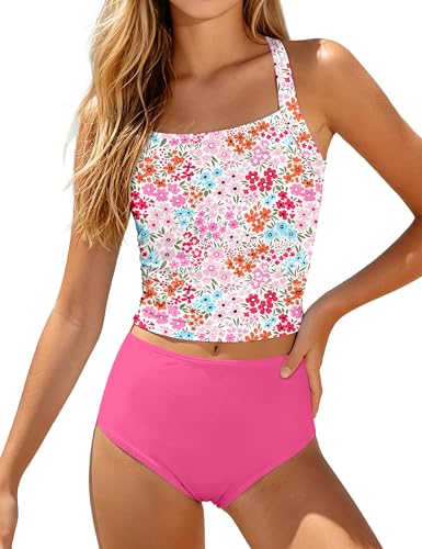 Image of Girls Tankini Swimsuit 2 Piece Bathing Suit Twist Cross Back Cutout Swim Tank Top Floral Print Swimwear for 7-18Y