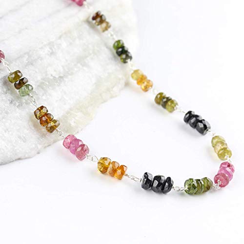 Natural Multi Tourmaline Gemstone Beaded Bracelet, Faceted Beads 925 Sterling Silver 18 inch Crystals Handmade Necklace October Birthstone Jewelry for Mothers, bridesmaid Wedding Graduation Gift
