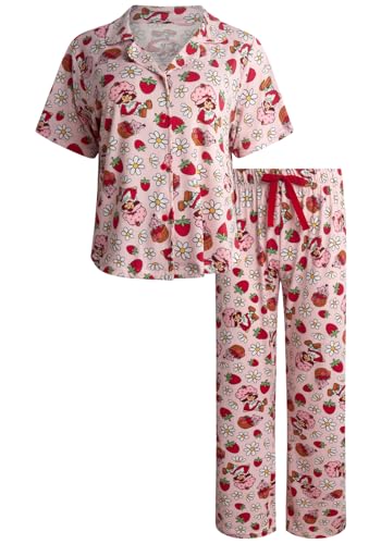 Image of COCO BRANDS Strawberry Shortcake Womens Pajama Sets - 2 Piece Soft Stretch Button Down Sleep Shirt and Pajama Pants