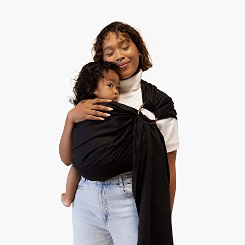 Image of WildBird Ring Sling Baby Carrier for New Moms & Dads & Caregivers - Made from 100% Belgium Linen - for Newborns to Toddlers Up to 35 lbs - Long 90" Size (Raven Fabric/Bronze Ring)