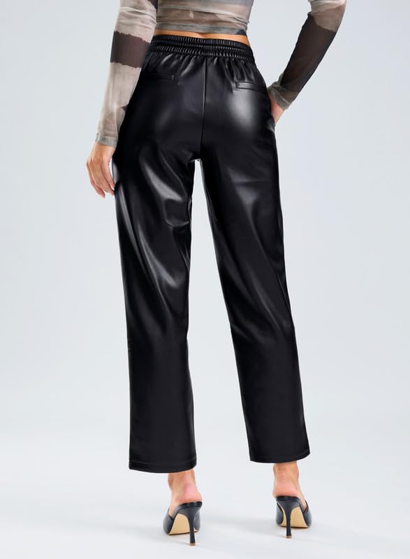 SANTINY Pantalon en similicuir pour femme - Taille haute - Jambe droite - Pantalon court en similicuir végétalien mat pour femme