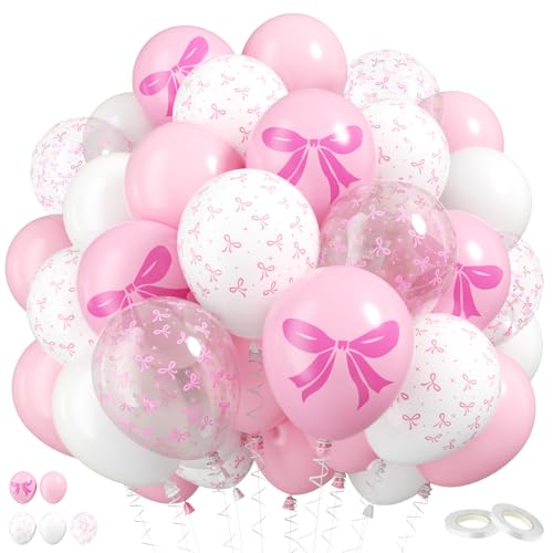 Image of Bow Balloons, 60 Pcs 12 Inch Pink White Clear Latex Balloons for Baby Girl Birthday Party Decorations Bow Themed Bridal Shower Coquette Party Decor