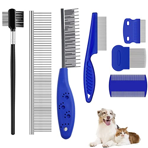 Fellkamm für Katzen und Hunde - 7-Teiliges Set mit Entwirrkamm, Augen-Kamm, Tränenfleck-Entferner, Flohkamm - Edelstahl Hundesalon Kämme für Haustiere