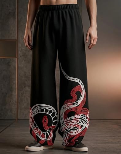 Image of Men's Black Wide Leg Trousers with Snake Print, Elastic Waist, Casual Style