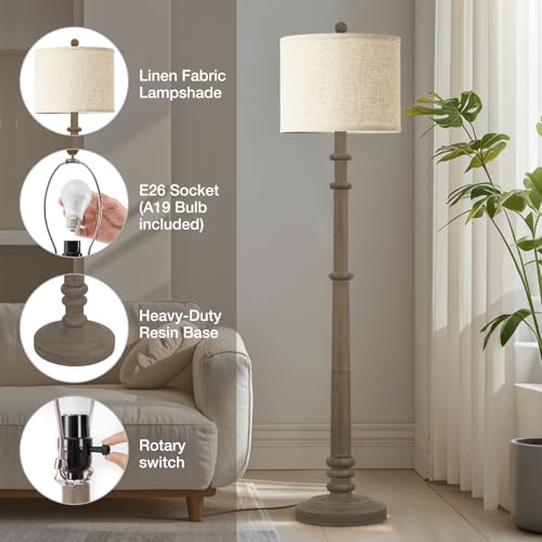 Image of EJIAXIN Floor Lamps for Living Room - 60 inch Farmhouse Floor Lamp with Adjustable Color Temperatures - Vintage Standing Lamp Reading Light with Linen Shade Retro Tall Lamp for Bedroom Office, Grey