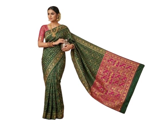Premium Dark Green Silk Saree with Intricate Gold Zari Checked Weaving, Rich Contrast Pink Traditional Pallu, Broad Ornate Border & Heritage Motifs – Elegant Ethnic Saree for Women,-image-47