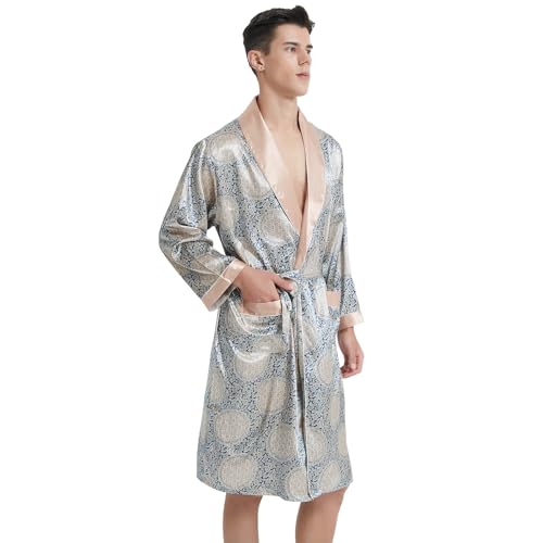 Haseil Men's Luxurious Kimono Robe with Shorts Silk Satin Bathrobes Lightweight Long Sleeve Sleepwear Set2