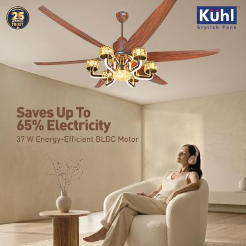 Image of KUHL Centauri 6 1670mm BLDC Ceiling Fan with Chandelier & Remote | 37W Power Saving (Upto 65%) | High Airflow & Low Noise | Smart IoT | Reverse Mode | Free Installation | 5Year Motor Warranty (Teak)