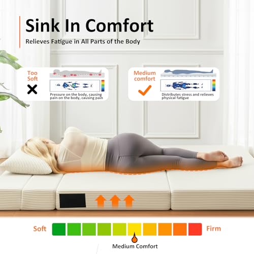 JKMAX Twin Size Folding Sofa Bed - 4 in 1 Convertible Sleeper Chair with Pillow - High Density Memory Foam Futon Couch - Foldable Bed for Living Room Bedroom (Beige)