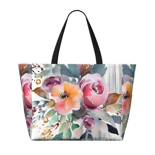 Beach Bags For Women Large Waterproof Sandproof Beach Tote Bag Lightweight Zipper Carry On Bag Watercolor Floral Corner Bouquet Pool Bag For Gym Travel Vocation2