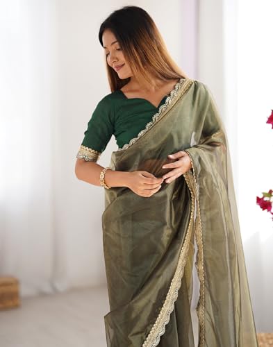 Image of SIRIL Women's Shimmer Net Lace Border Dual Tone Saree with Unstitched Blouse Piece