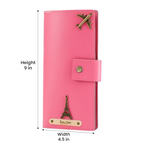 Image of AICA Personalized Name & Charm Long Leather Wallet Passport Cover (Dark Pink) with Passport Boarding Pass Card Slot & Coin Holder for Men & Women | Birthday Anniversary Travels Gifts for Sis Wife Mom