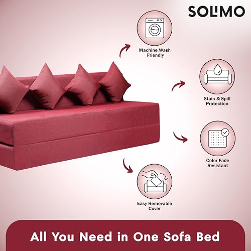 Image of Amazon Brand - Solimo 4 Seater 6 * 6 Jute Fabric Washable Cover Sofa Cum Bed with 4 Cushions 4 Seater Double Foam Fold Out Sofa Cum Bed (Finish Color - Maroon Delivery Condition - Pre-Assembled)