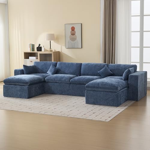 Image of 146''Cloud Boneless Sectional Couch, Modular Sectional Sofa Deep Seat with 2 Ottomans, Oversized Upholstered Convertible Comfy 6 Seater Chenille Sofa U Shape Couches for Living Room, Blue