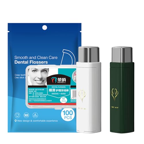 2 Pack Portable Dental Floss Dispenser (150 Picks Refill) One-Press Compact Floss Case for Travel & Pocket Refillable Hygienic Flosser Picks for Adults On-The-Go (Green+White)