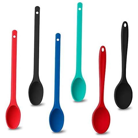 TORASO 6 Pieces Silicone Mixing Spoons, Multicolored, Oval Nonstick Cookware Spoon, High Heat Resistant, Stirring Spoon for Kitchen Cooking Baking Mixing Tools(BK,RD,BU,GN 4+2) Cover