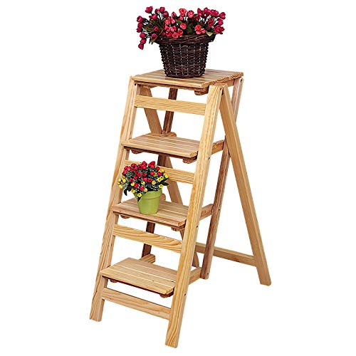 Échelle en Bois 4 Étapes avec Tabouret Pliant de Chambre Multi-usage