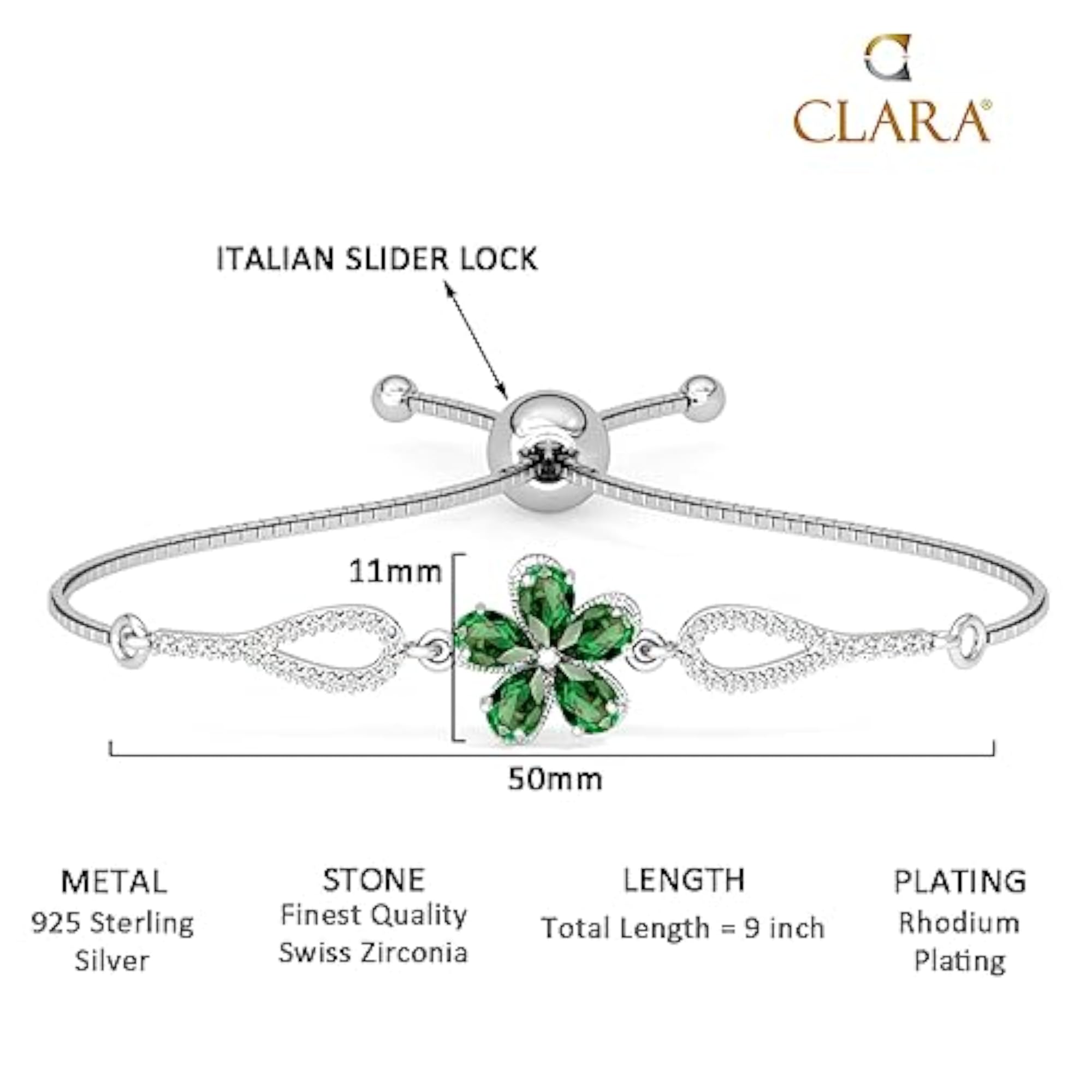 Women's 925 Pure Silver Green Flower Adjustable Hand Bracelet