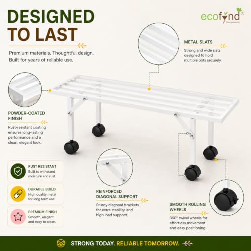 Image of ecofynd Scot 35 Inch Plant Stand with Wheels for Outdoor Balcony, Flower Pot Stand for Indoor Plants, Metal Plant Stand for Living Room, Home decor, Indoor & Outdoor plants, 1 Tier (2 Pack, PS051-WHT)