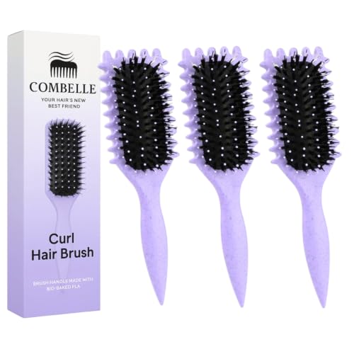 Image of Combelle 5-in-1 Curl Hair Brush | Vegan Boar Bristles | Bio-Based PLA Handle | Detangling, Defining & Frizz Control for Curly & Wavy Hair | For Men & Women - Purple (Pack of 3)